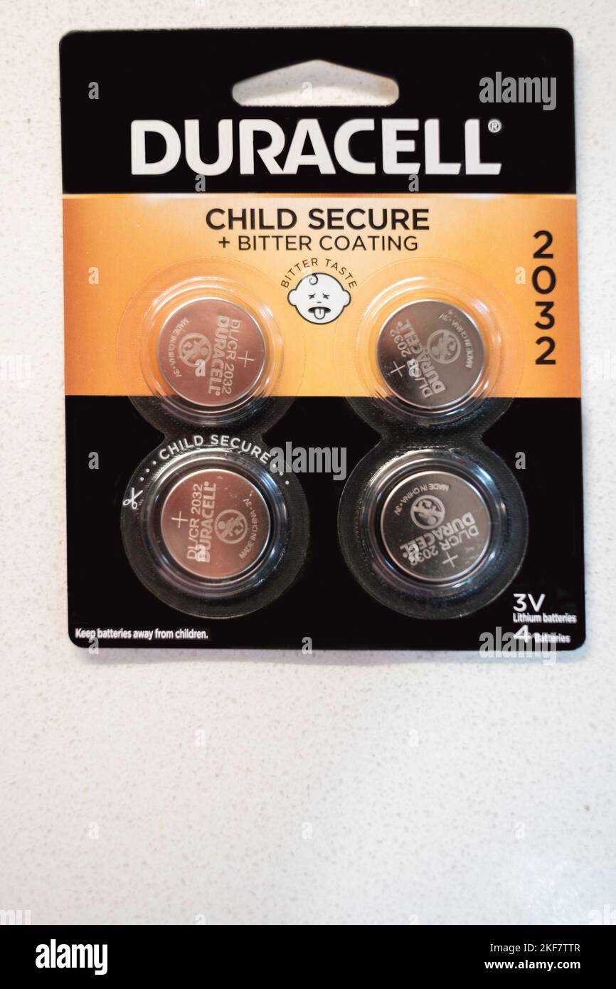 Duracell Lithium button batteries, 4 in a package. Stock Photo