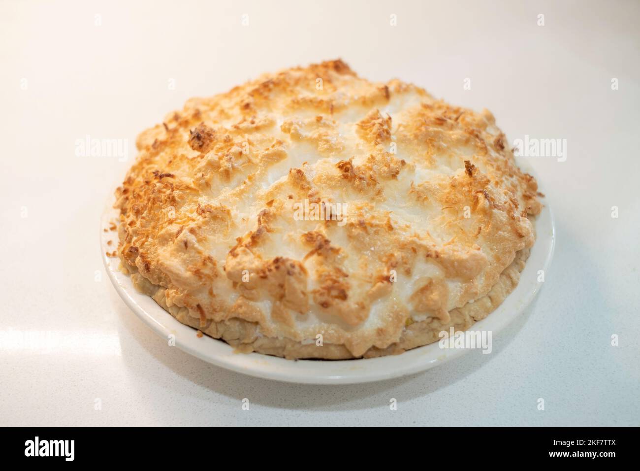 A whole homemade coconut cream pie cooling on a countertop. USA Stock Photo