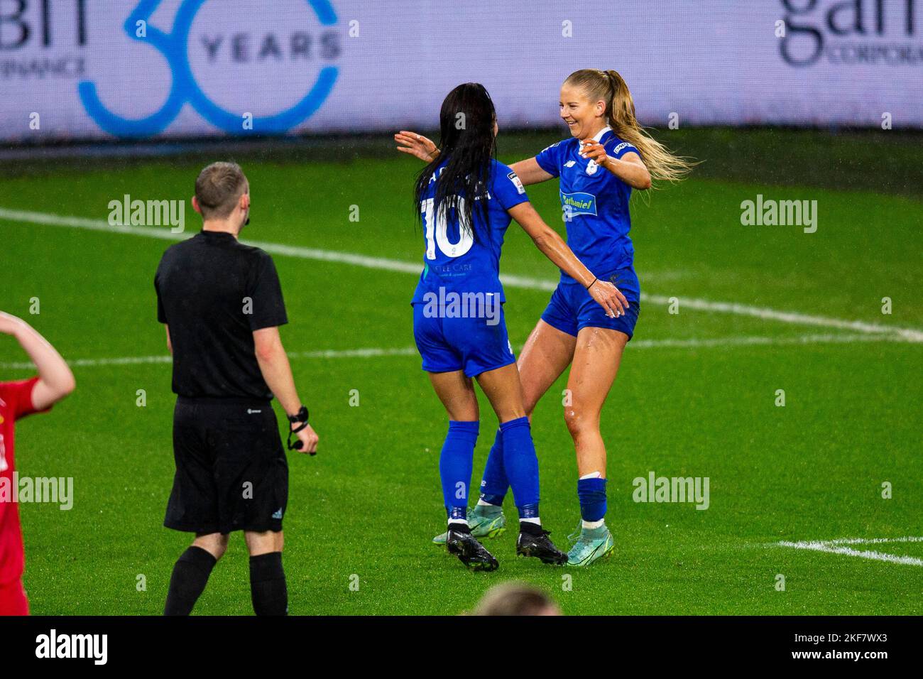 Rhianne Oakley of Cardiff City Women FC celebrates scoring the