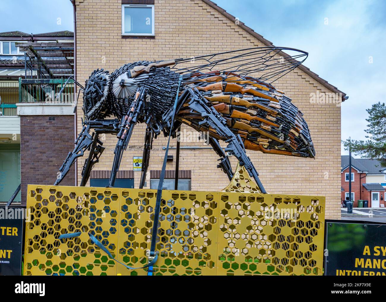 Manchester Bee Monument made from blades and guns, On display in Redditch, Worcestershire. Stock Photo