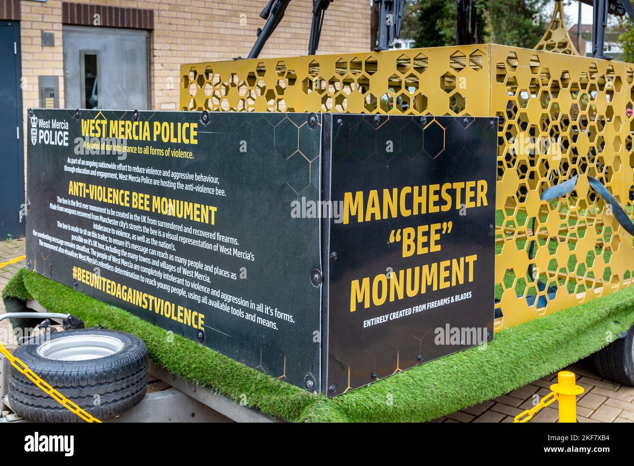 Manchester Bee Monument made from blades and guns, On display in Redditch, Worcestershire. Stock Photo