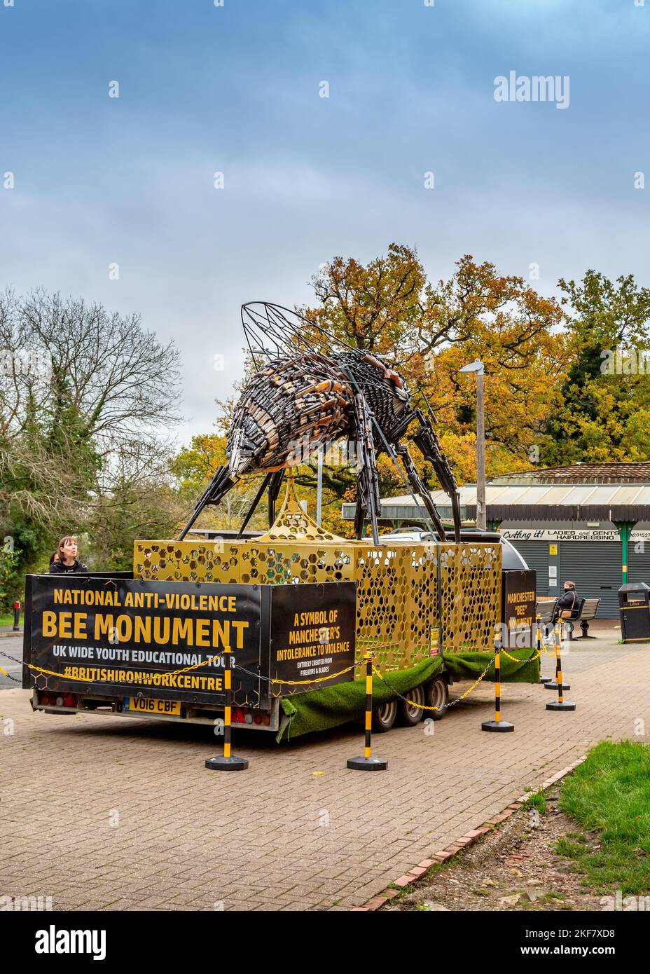 Manchester Bee Monument made from blades and guns, On display in Redditch, Worcestershire. Stock Photo