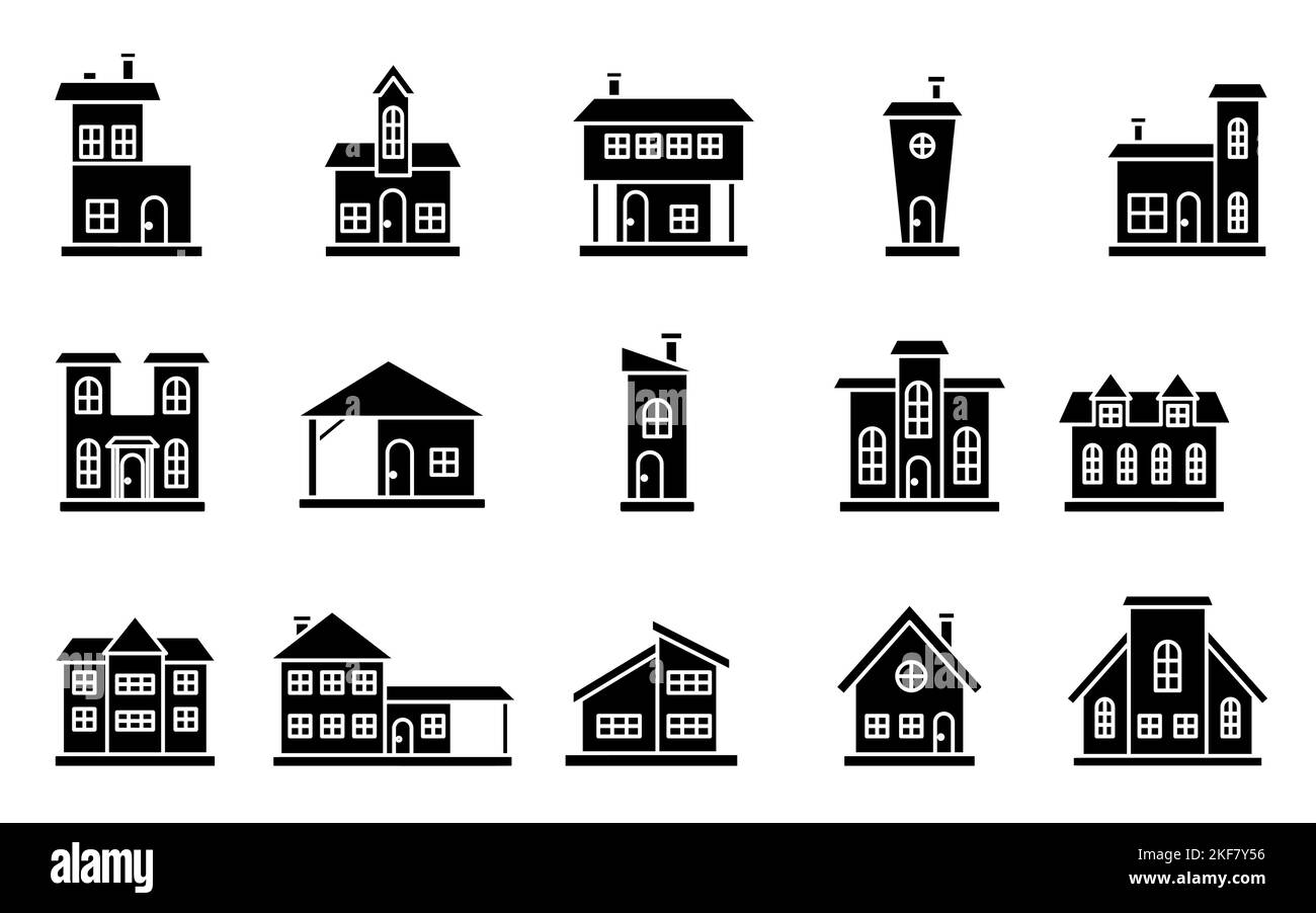 Houses exterior front view flat icon set. Residential townhouse building apartment. Home facade with doors and windows. Various shape urban suburban town house cottage black silhouette on white Stock Vector