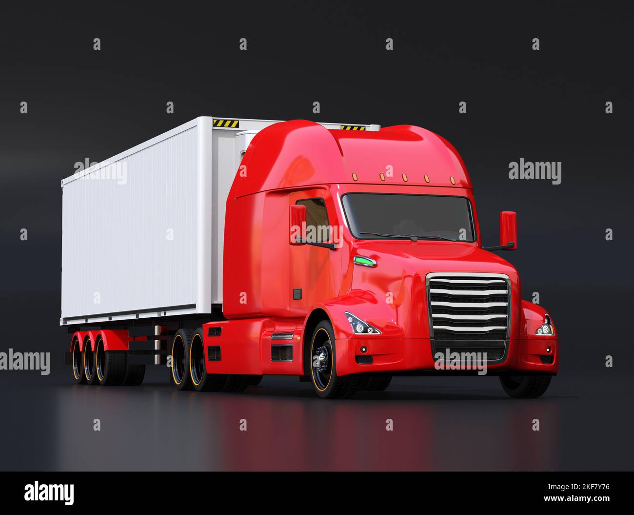 Front view of red fuel cell truck equipped with reefer container on black background. Cold chain concept. 3D rendering image. Stock Photo