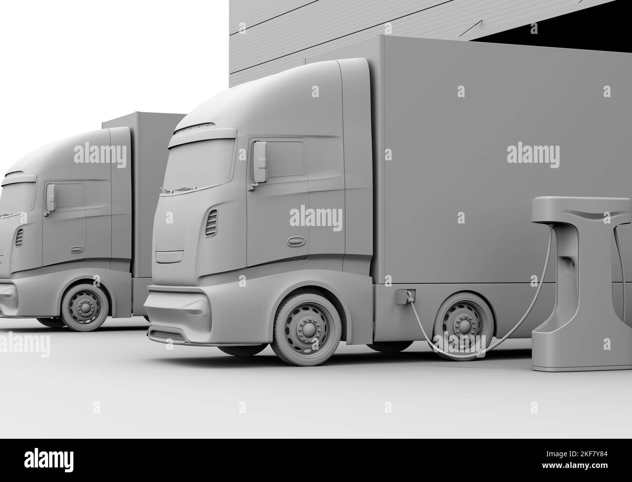 Clay rendering of electric trucks charging at logistics center. 3D