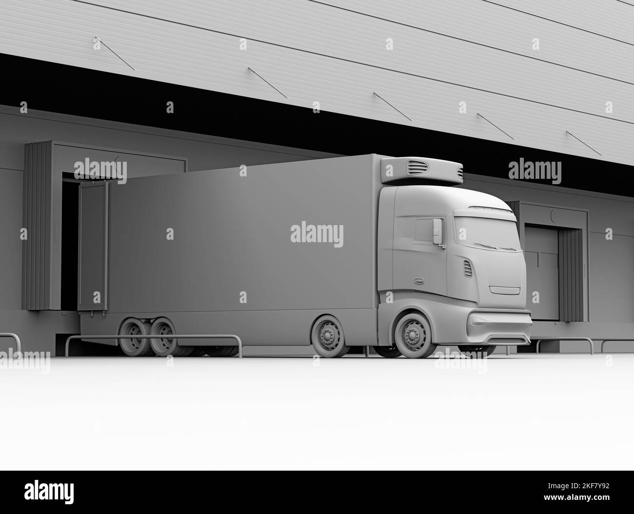 Clay rendering of electric trucks with reefer container and container trailer parking in logistics center. Cold chain concept. 3D rendering image. Stock Photo