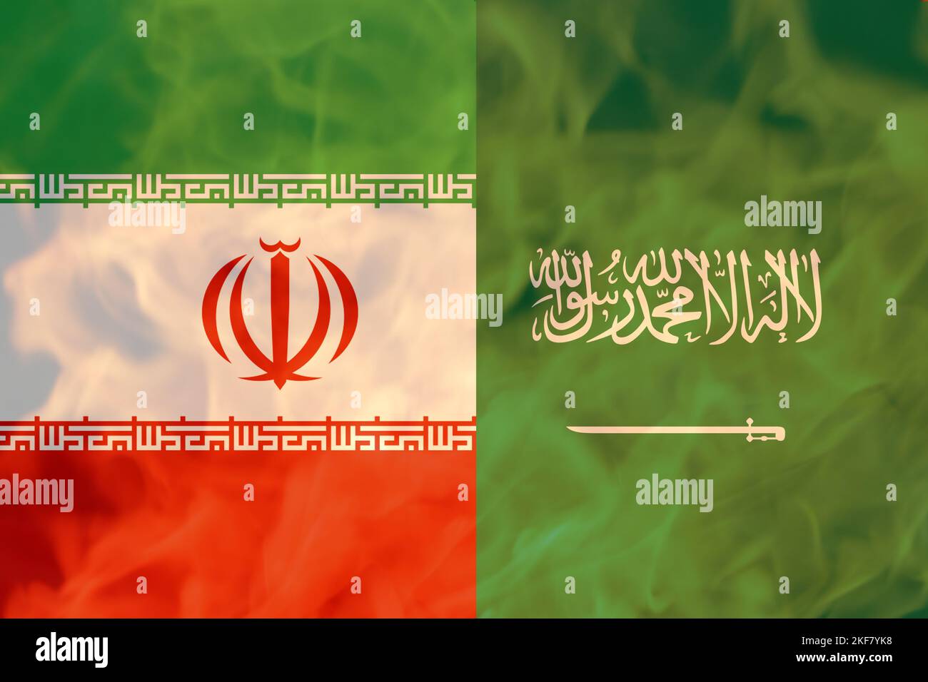 Defocus war between Iran and Saudi Arabia. National flag of iran and saudi arabia. Concept of a Conflict between Saudi Arabia and Iran with flags Stock Photo