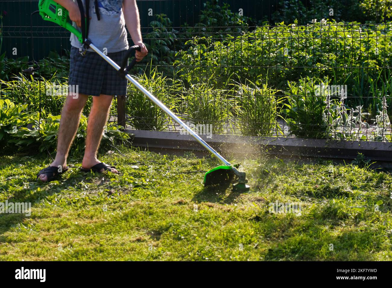 Defocus grass trimmer. A man mowing the grass. Outdoor view of young
