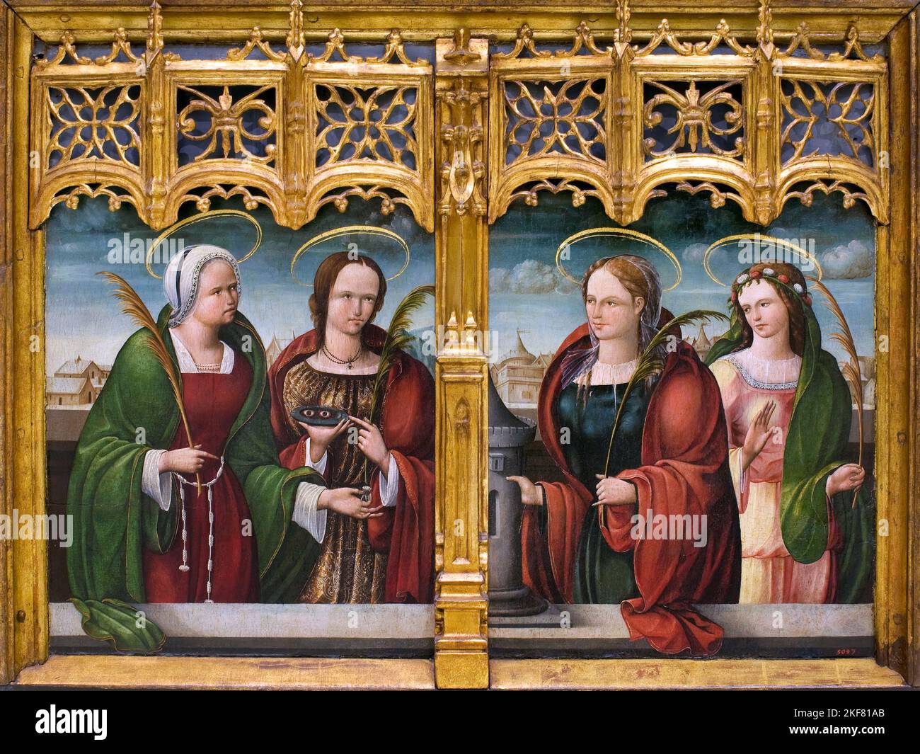Andres de Melgar; Saints Apollonia, Lucy and Barbara and another Holy Martyr; Circa 1530-1537; Oil and gilding on wood; Museu Nacional d'Art de Catalu Stock Photo