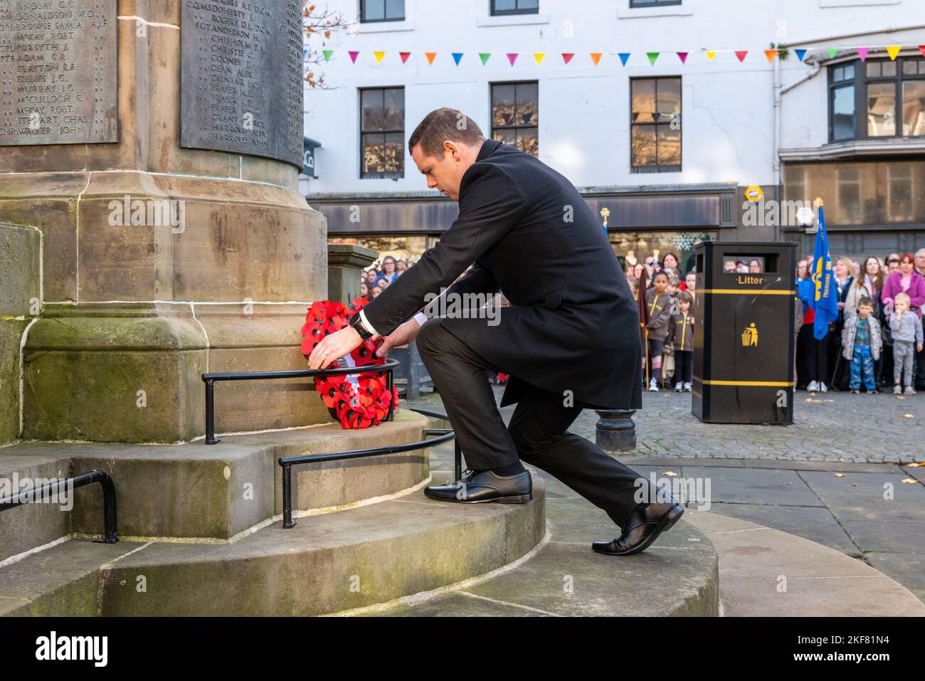 13 November 2022. Elgin,Moray,Scotland. This is from the Remembrance Parade and Wreath Laying at the War Memorial on Elgin High Street. Stock Photo
