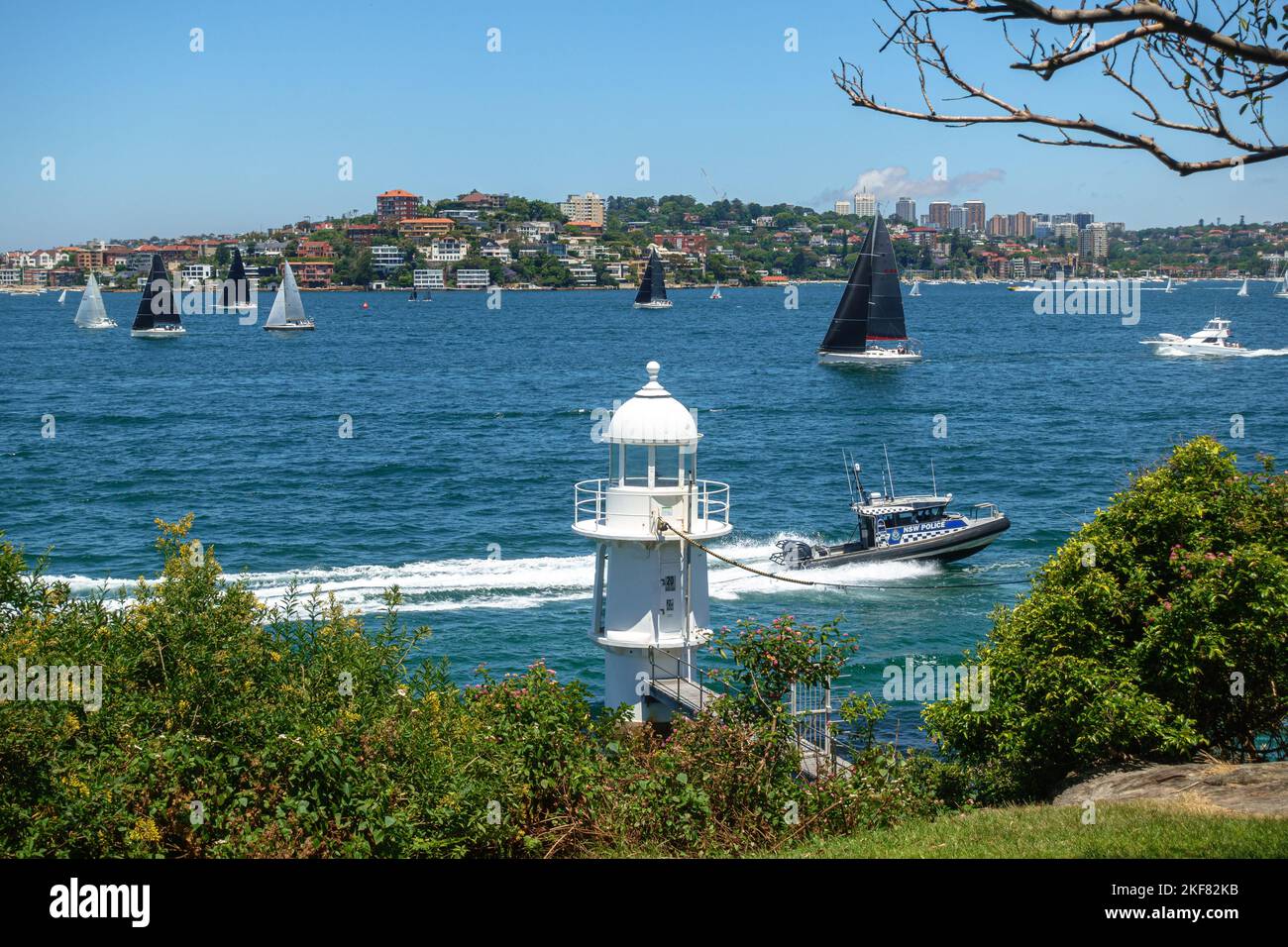 W water police boat passed by Bradleys Head Lighthouse in Sydney ...