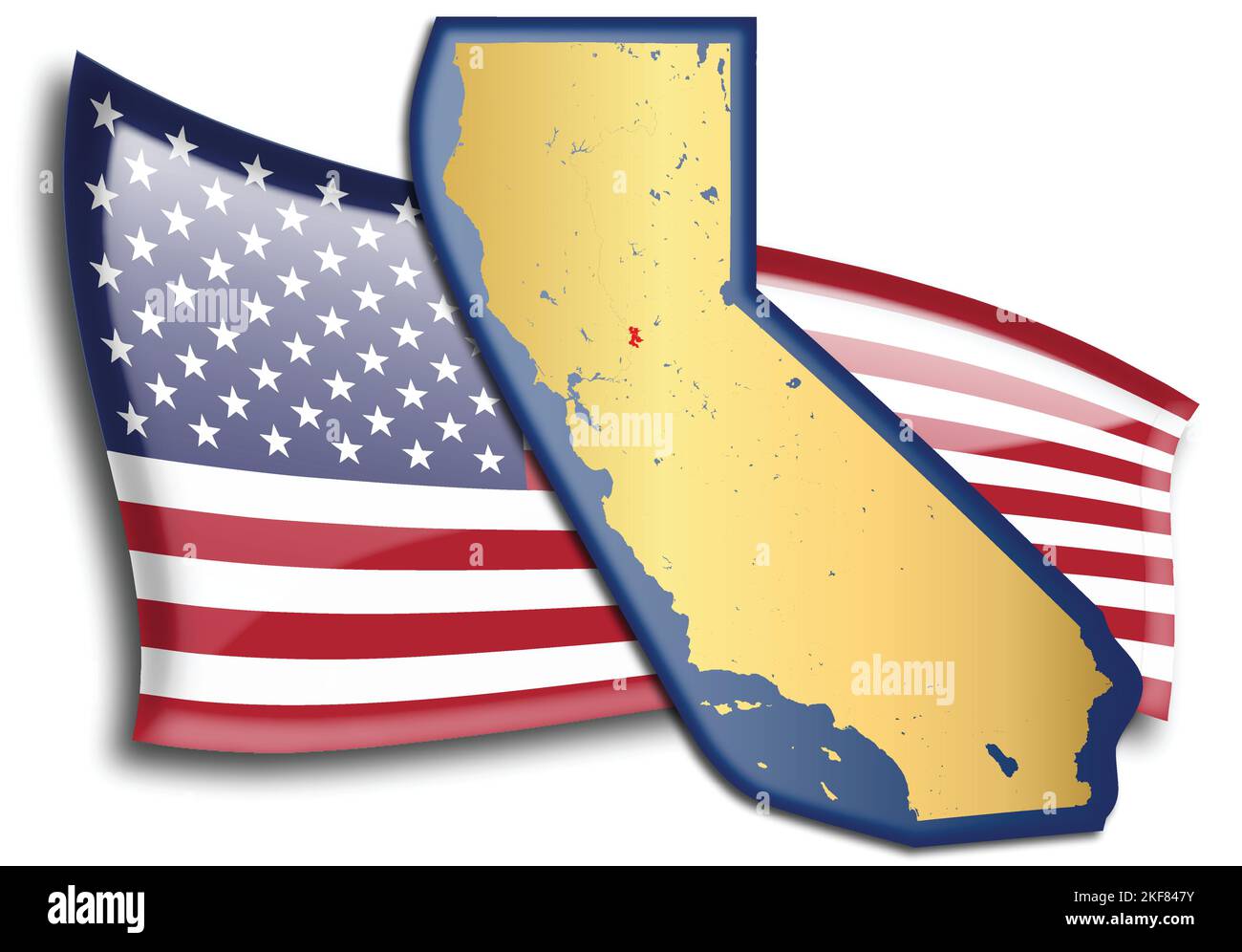 U.S. states - map of California against an American flag. Rivers and lakes are shown on the map. American Flag and State Map can be used separately an Stock Vector