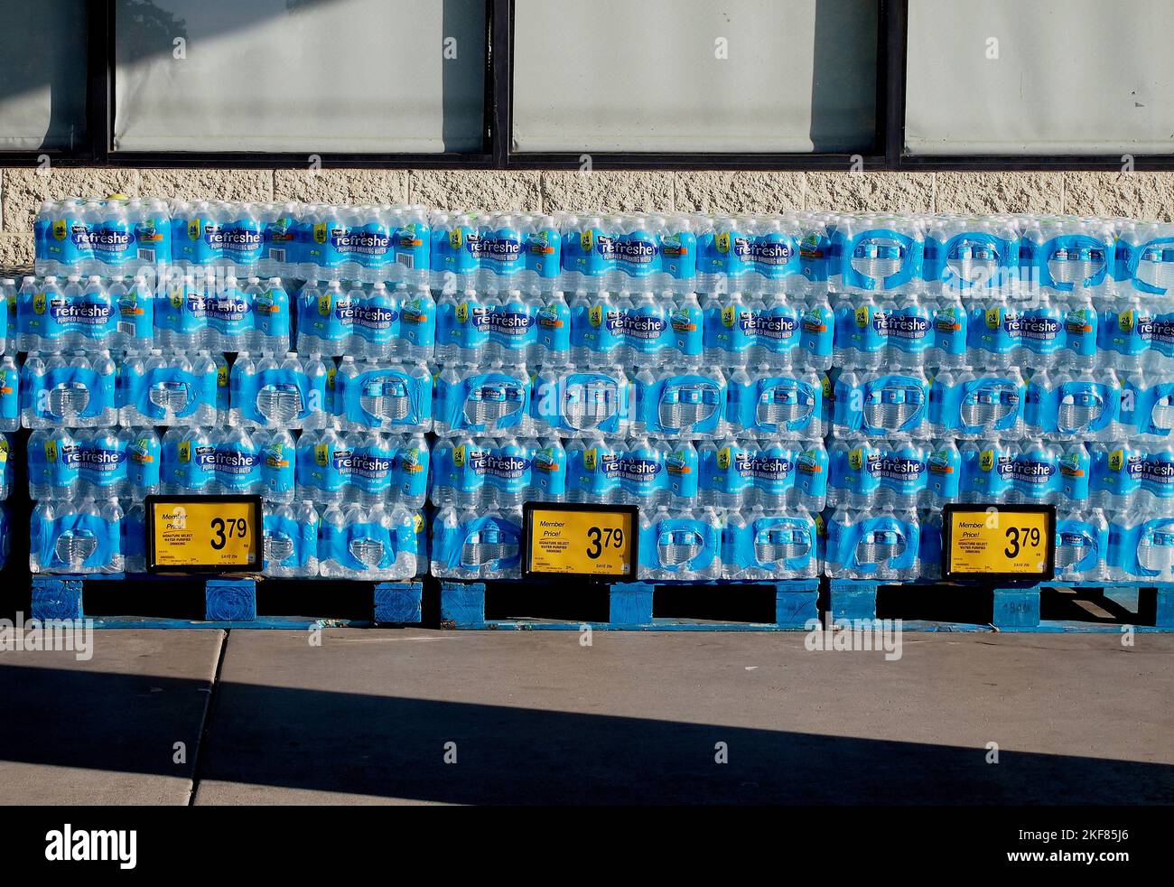 bottled drinking water for sale in front of Safeway grocery store in