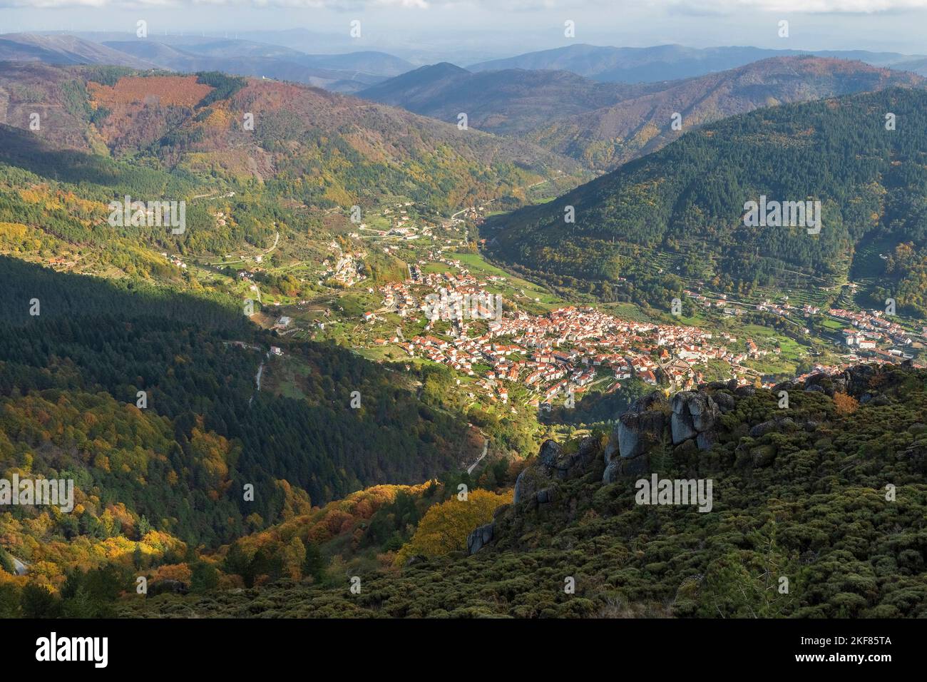 View over the village of Manteigas and the Zêzere river valley in Serra da Estrela, Portugal, in autumn. Stock Photo