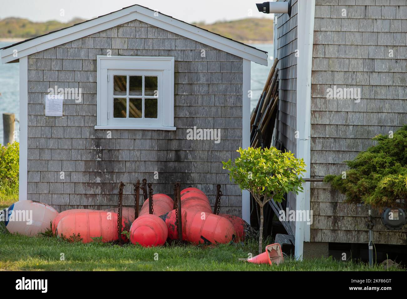 Located in southwest Cape Cod this region is mostly set up for fishing, summer life, and the Oceanographic Institute for Marine Studies. These buoys w Stock Photo