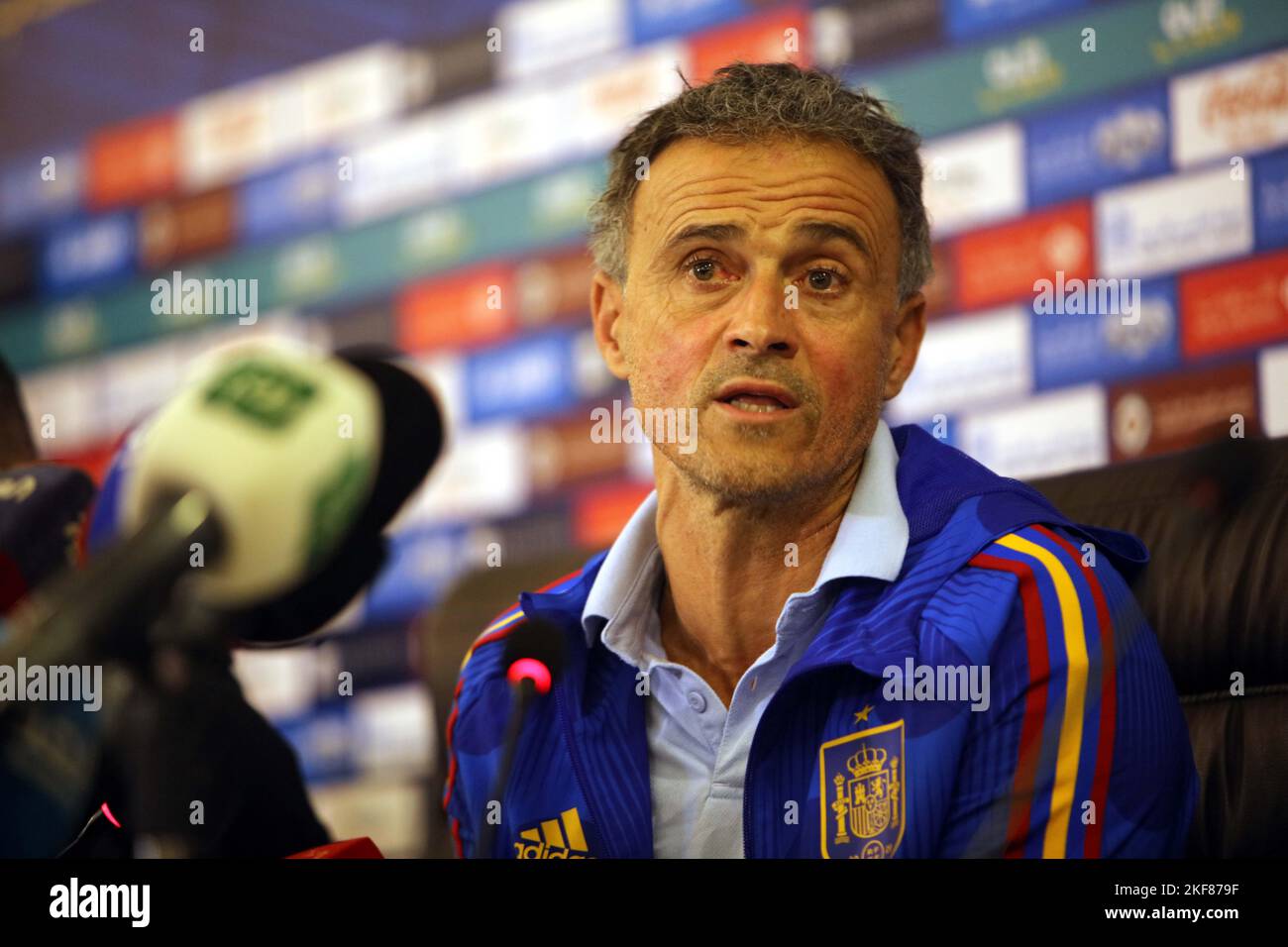 Amman, Jordan. 16th Nov, 2022. Spain's coach Luis Enrique attends a press conference in Amman, Jordan, Nov. 16, 2022. Spain will face Jordan in their international friendly match in Amman on Thursday, the squad's last match before they head to Qatar for the World Cup. Credit: Mohammad Abu Ghosh/Xinhua/Alamy Live News Stock Photo