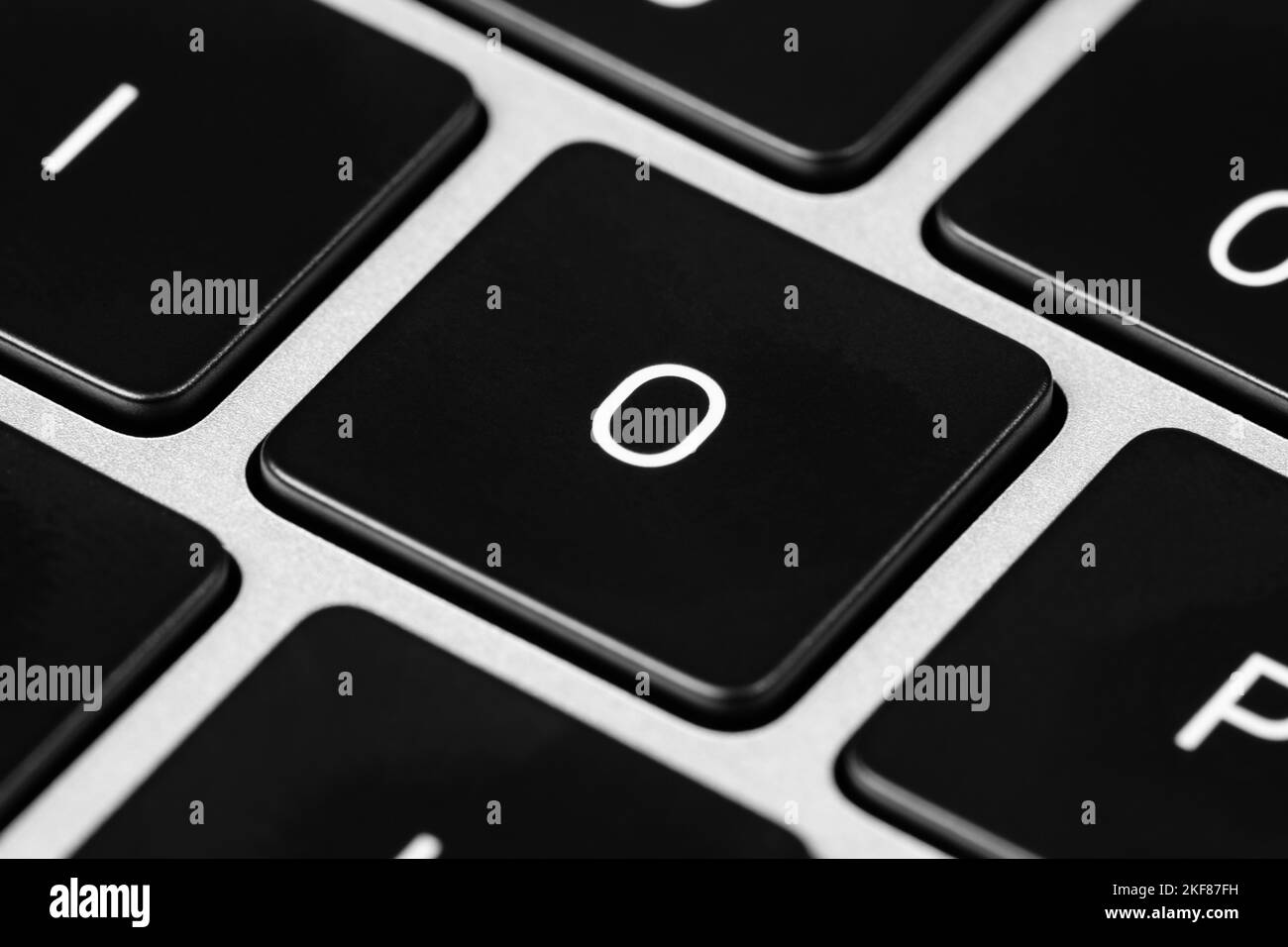 A closeup shot of a grey keyboard layout with black keys and white font ...