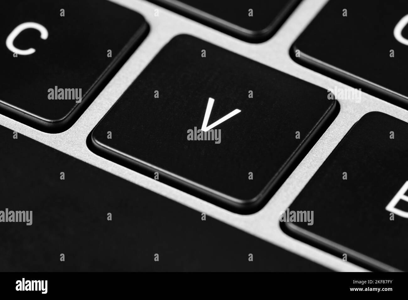 A closeup shot of a grey keyboard layout with black keys and white font ...