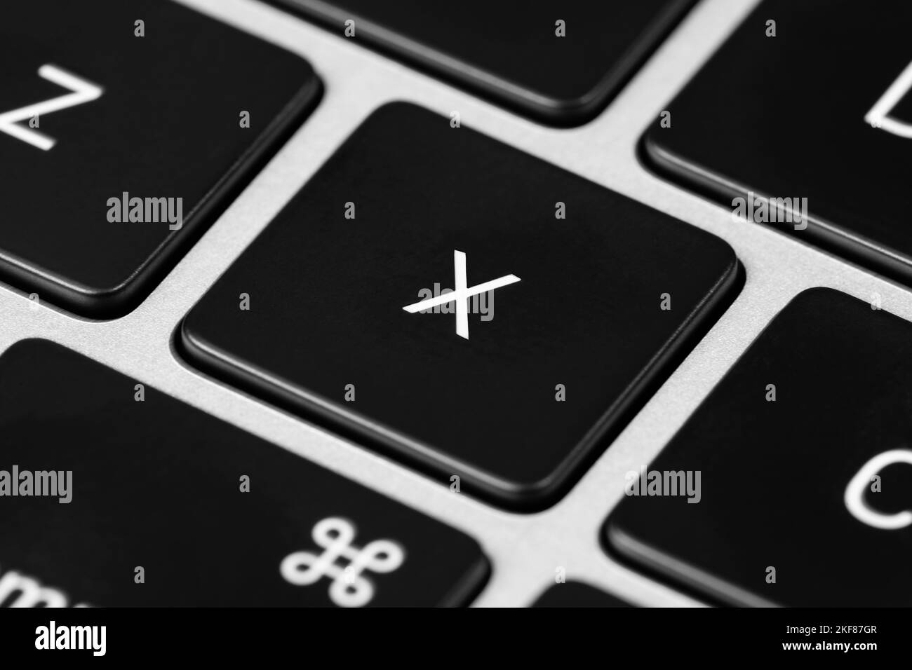 A closeup shot of a grey keyboard layout with black keys and white font ...