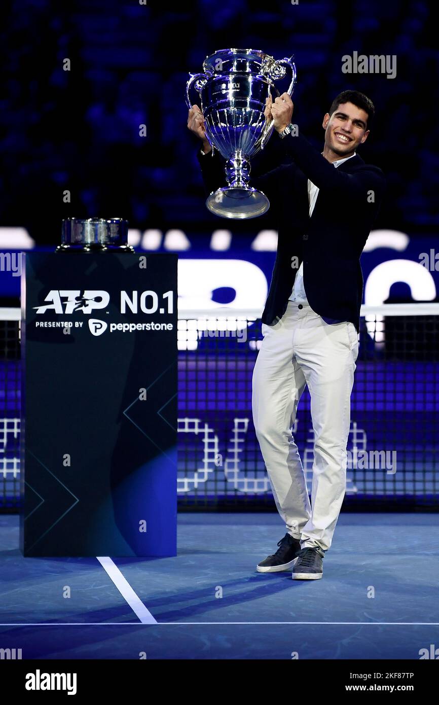 Tennis Player Carlos Alcaraz Presented with No. 1 Trophy, Making