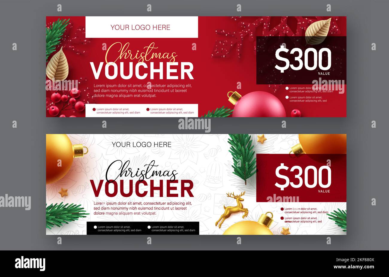 Christmas voucher vector banner set design. Merry christmas gift