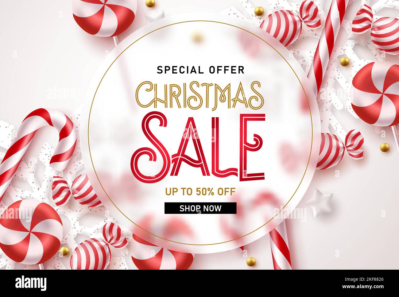 Christmas sale vector banner design. Merry christmas special offer text in empty space with snow flakes and candy cane for holiday season flyers. Stock Vector