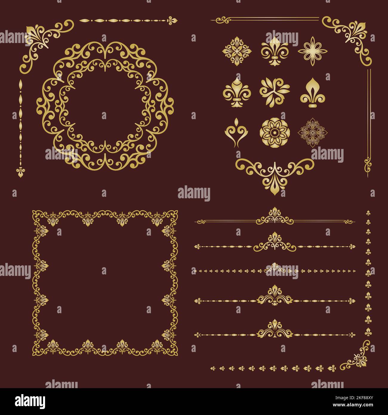 Vintage set of vector brown and golden horizontal, square and round ...