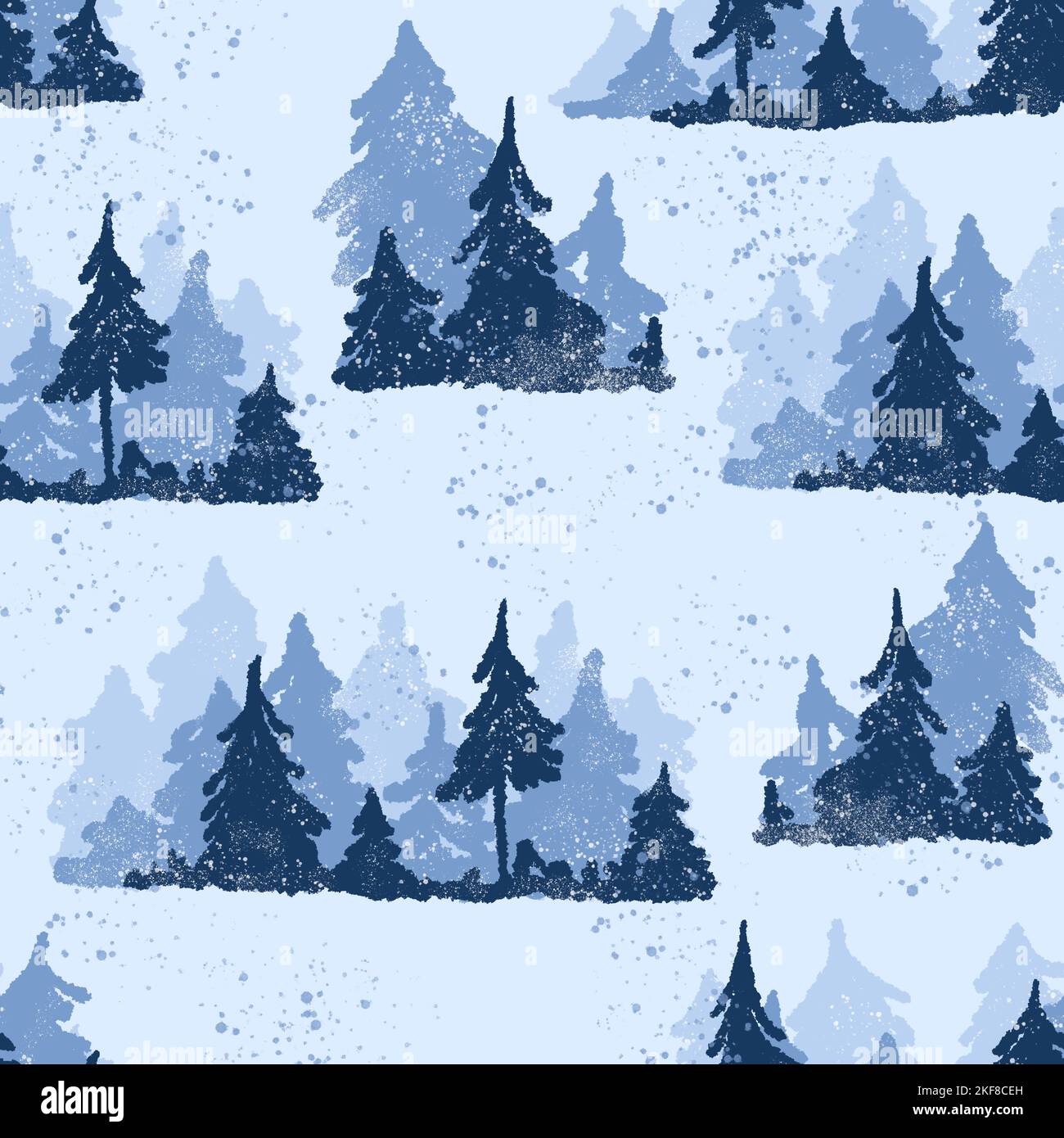 Hand drawn blue winter mountain forest seamless pattern. Wood woodland ...