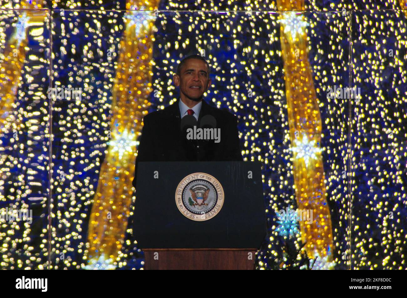 U.S. President Barack Obama speaks at the lighting of the National Christmas Tree on December 3, 2015. Stock Photo