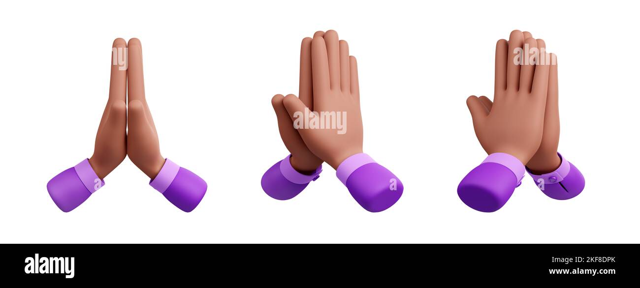 3d render pray, sorry gesture icons with black hands. Prayer arms front and angle view. Hope or beg graphics design for social media, isolated Illustration on white background in cartoon plastic style Stock Photo