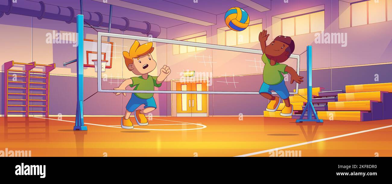 Boys play volleyball in school gym. Gymnasium sport court