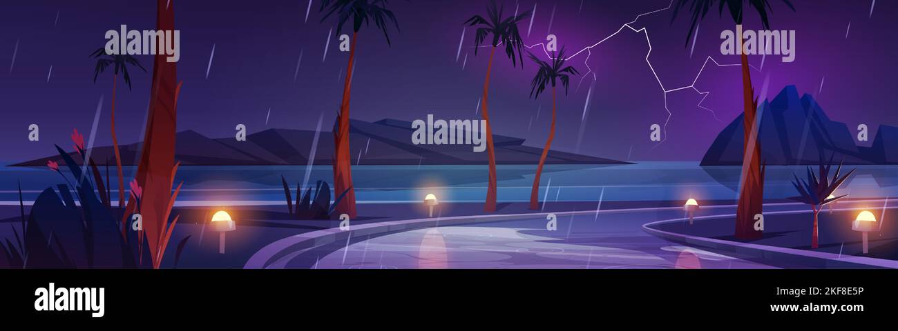 Night rainy landscape road turn with palm trees and lanterns by sides ...