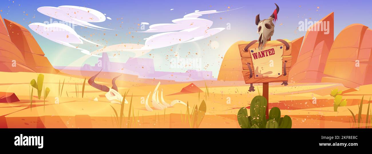 American desert landscape with wanted poster and bull skull on pole. Wild west desert panorama with sand, cactuses, mountains, ox bones and wooden sign, vector cartoon illustration Stock Vector