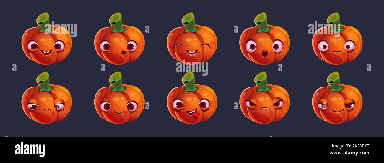 Cartoon pumpkin character with different emotions on face. Set of funny ...