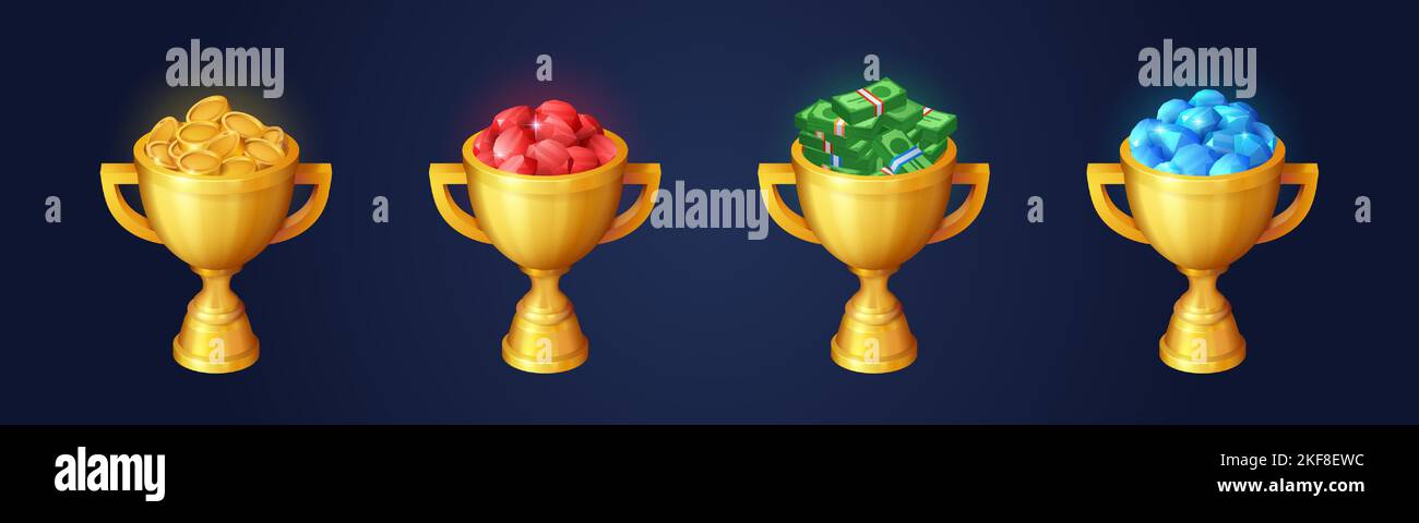 Winner trophy, gold cups with pile of gems and money. Award for victory, first place in game. Golden goblets with diamonds, rubies, coins and bills, vector cartoon set Stock Vector