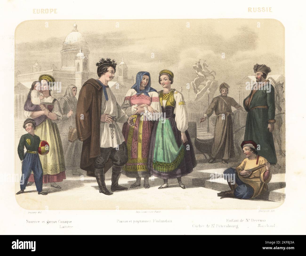 Costumes of the people of Russia, 1858. Nanny with Cossack boy, milkmaid with milkpail, Finnish peasants, sleigh driver, merchant, boy from Derewna, Belarus, playing a domra lute. In Senatskaia Square in St. Petersburg with the Bronze Horseman statue of Peter the Great and St. Isaac's Cathedral dome. Nourrice et garcon Cosaque, laitiere, paysan et paysannes Finlandais, cocher de St. Petersburg, marchand, enfant de Na. Derewna. Handcoloured and sepia-tinted lithograph by Jean-Adolphe Bocquin after an illustration by Felix Fossey from Elisabeth Muller (pseudonym of Leonie Bedelet)’s Le Monde en Stock Photo