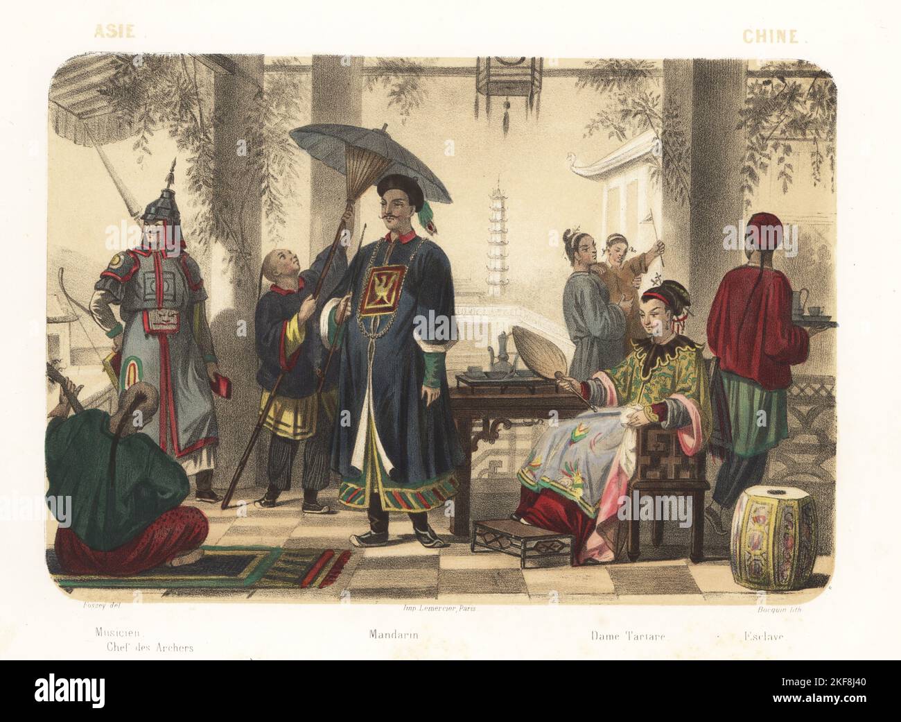 Costumes of China, 1858. Musician playing a pipa or Chinese lute, Chief Archer in helmet and robes, Mandarin bureaucrat with rank badge and a servant holding a parasol, Tatar Lady seated on a chair holding a fan, slave with long pigtail holding a tray of tea. Pagoda and palace in the background. Musicien, chef des archers, Mandarin, Dame Tartare, esclave. Handcoloured and sepia-tinted lithograph by Jean-Adolphe Bocquin after an illustration by Felix Fossey from Elisabeth Muller (pseudonym of Leonie Bedelet)’s Le Monde en Estampes, The World in Prints, Amadee Bedelet, Paris, 1858. Stock Photo