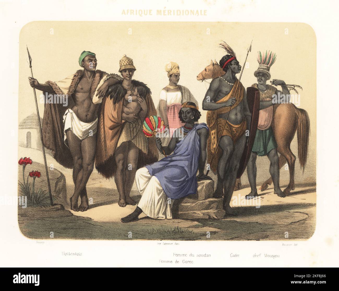 Costumes of Africa, 1858. Khoikhoi man and woman with sheepskin cloaks, woman from Sudan, Signare woman from the slave-trading Ile de Goree (Senegal), Zulu warrior with assegai spear and isihlangu cow-hide shield, and Musgum chief in feather headdress with ostrich bones (Cameroon). Hottentots, femme de Soudan, femme de Goree, Caffre, chef Mousgou. Handcoloured and sepia-tinted lithograph by Jean-Adolphe Bocquin after an illustration by Felix Fossey from Elisabeth Muller (pseudonym of Leonie Bedelet)’s Le Monde en Estampes, The World in Prints, Amadee Bedelet, Paris, 1858. Stock Photo