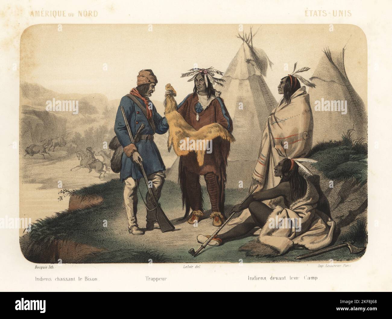 Costumes of North America, 1858. Native Americans or Plains Indians hunting buffalo, European trapper buying skins from Native Americans, wearing feather headdresses and blankets in front of their teepees. Indiens chassant le bison, trappeur, Handcoloured and sepia-tinted lithograph by Jean-Adolphe Bocquin after an illustration by Auguste Leloir from Elisabeth Muller (pseudonym of Leonie Bedelet)’s Le Monde en Estampes, The World in Prints, Amadee Bedelet, Paris, 1858. Indiens devant leur camp. Stock Photo