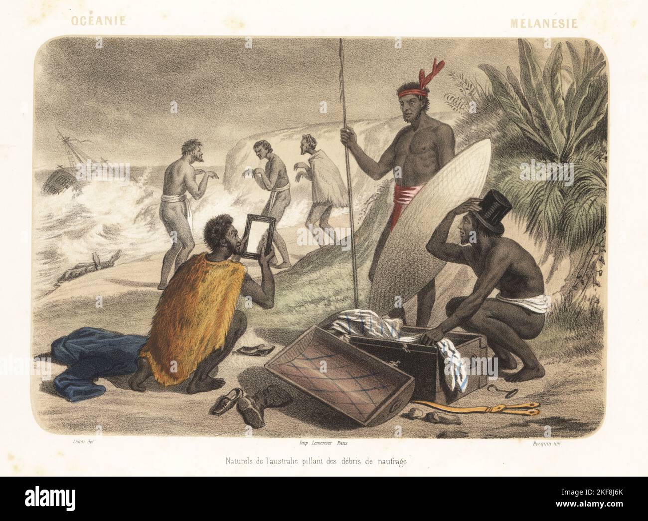 Costumes of Australia, Oceania, 1858. Aborigine men examining flotsam from a European shipwreck on a beach. In loincloths and capes, armed with spear and shield, they hold a top hat and hand mirror. Naturels de l'Australie pillant des debris de naufrage. Handcoloured and sepia-tinted lithograph by Jean-Adolphe Bocquin after an illustration by Auguste Leloir from Elisabeth Muller (pseudonym of Leonie Bedelet)’s Le Monde en Estampes, The World in Prints, Amadee Bedelet, Paris, 1858. Stock Photo