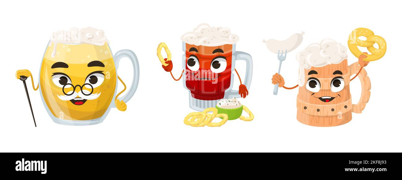 Glass of beer character emoji vector set. Funny cartoon emoticons