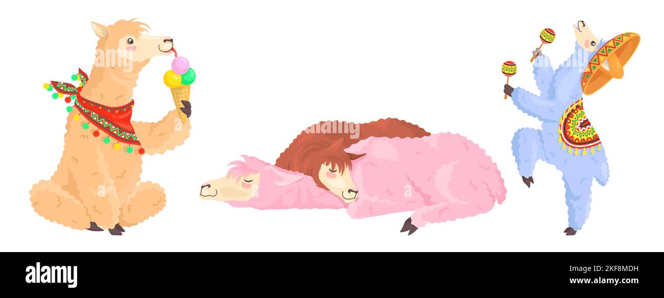 Cute doodle lamas alpacas flat vector set. Funny Mexican wild animal