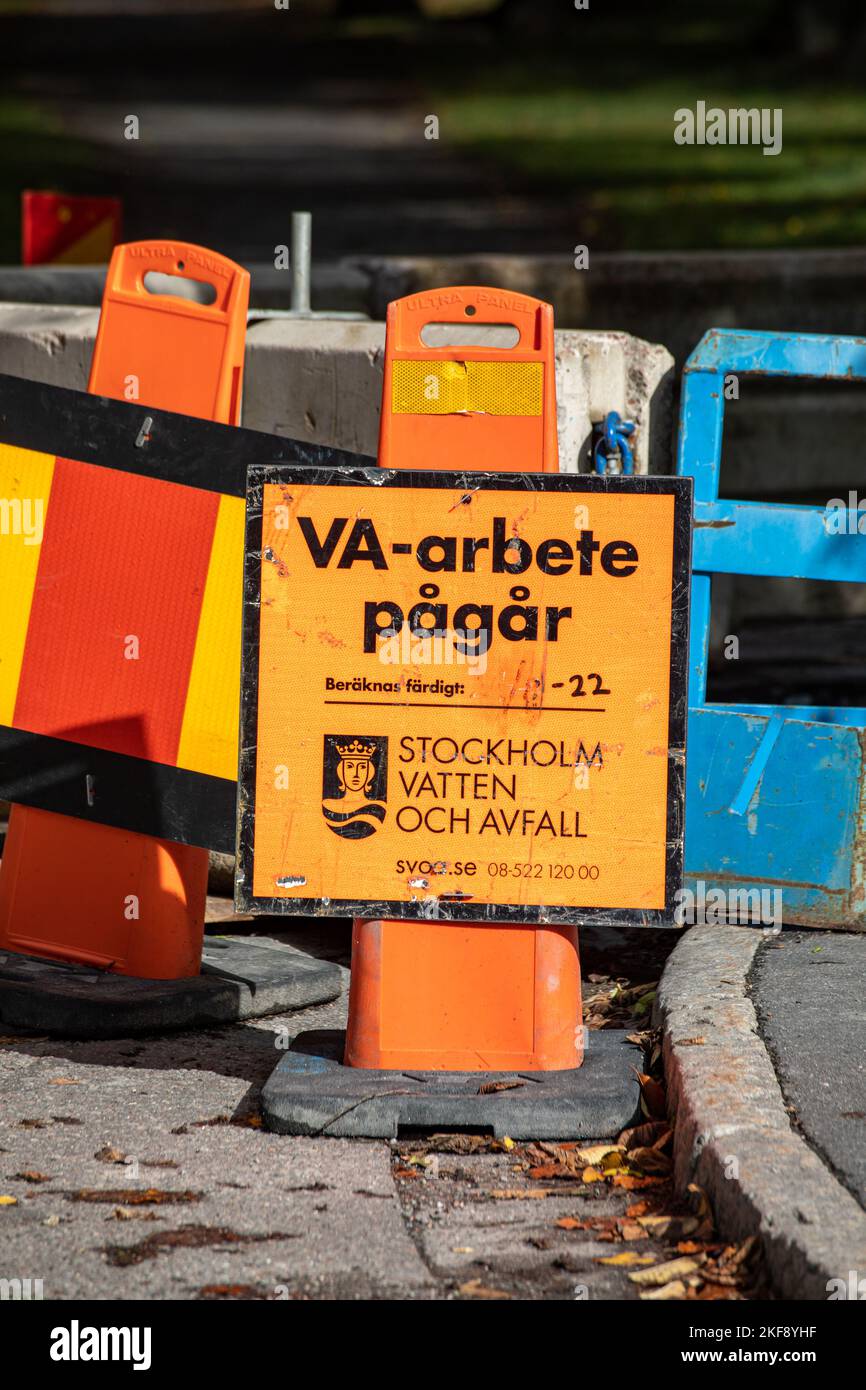 VA-arbete pågår. Stockholm vatten och avfall renovation sign in Djugården district of Stockholm, Sweden. Stock Photo