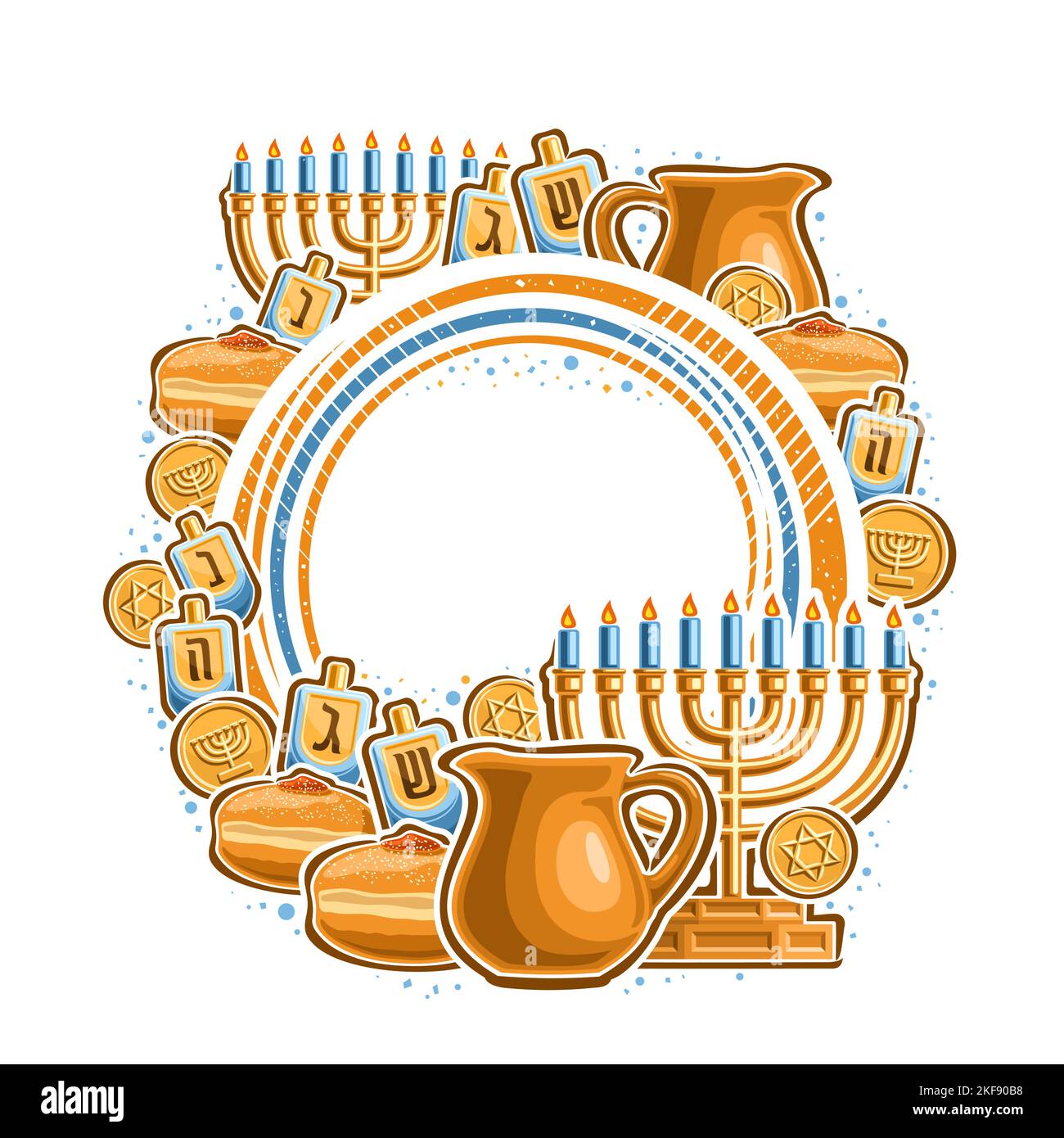 Vector frame for Hanukkah with blank copy space for greeting text, decorative sign with illustration of gold candle holder, 4 dreidel, sweet sufganiyo Stock Vector