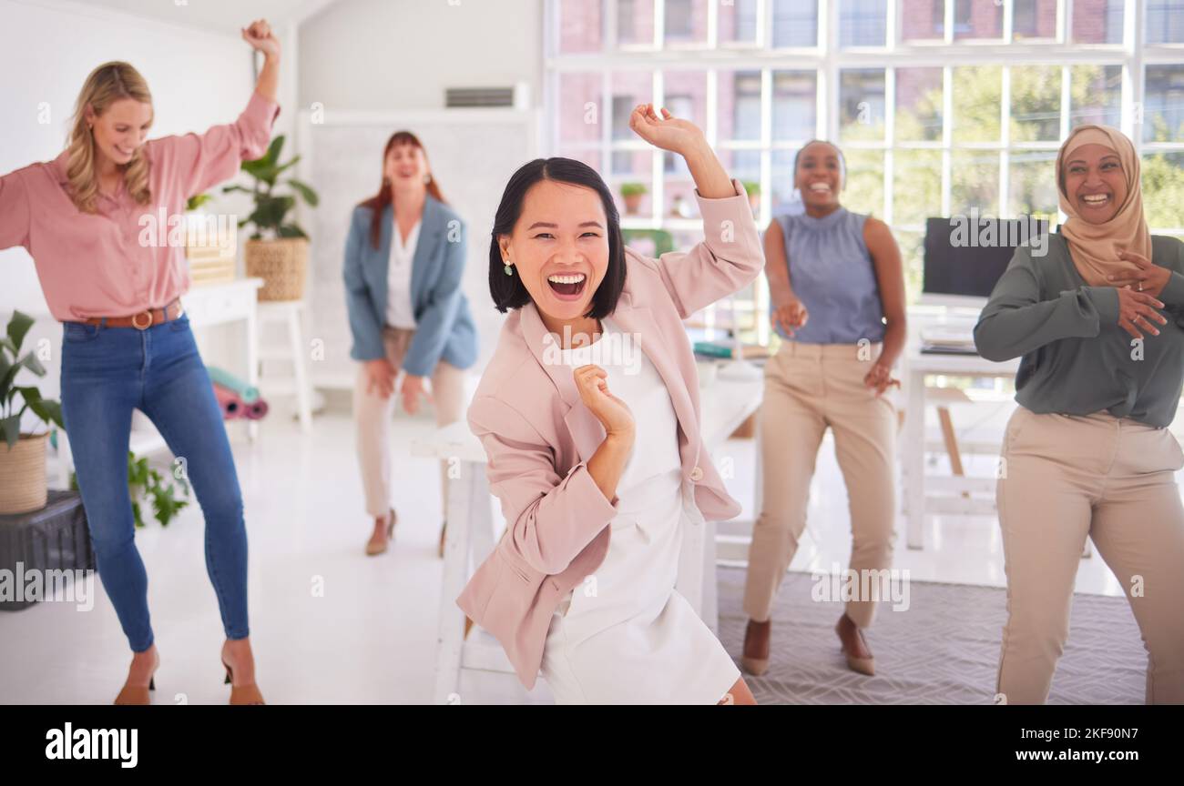 Celebration dance, diversity women and team celebrate startup small business growth, success or achievement. Group team building leader, crazy energy Stock Photo