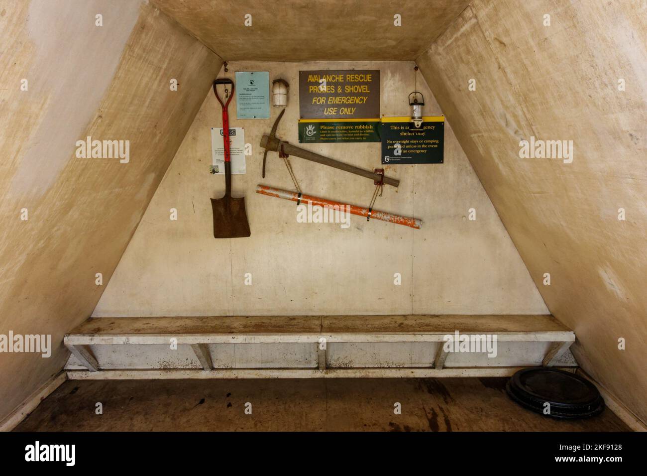 Avalanche rescue probes and shovel inside Forest Burn Shelter, Kepler