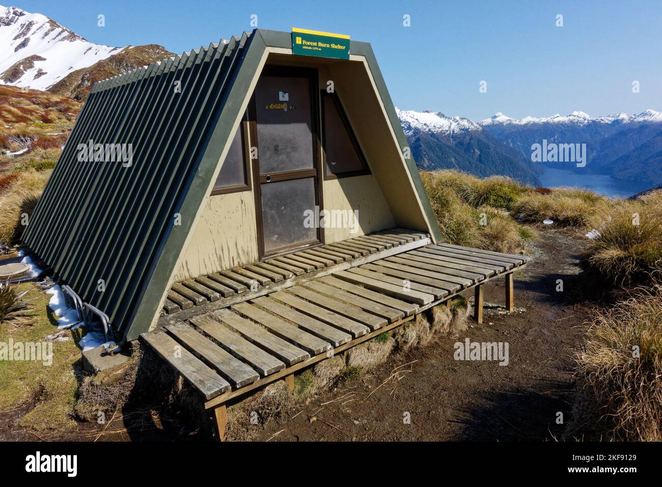 Forest Burn Shelter, Kepler Track, Fiordland National Park, Southland, south island, Aotearoa / New Zealand. Stock Photo