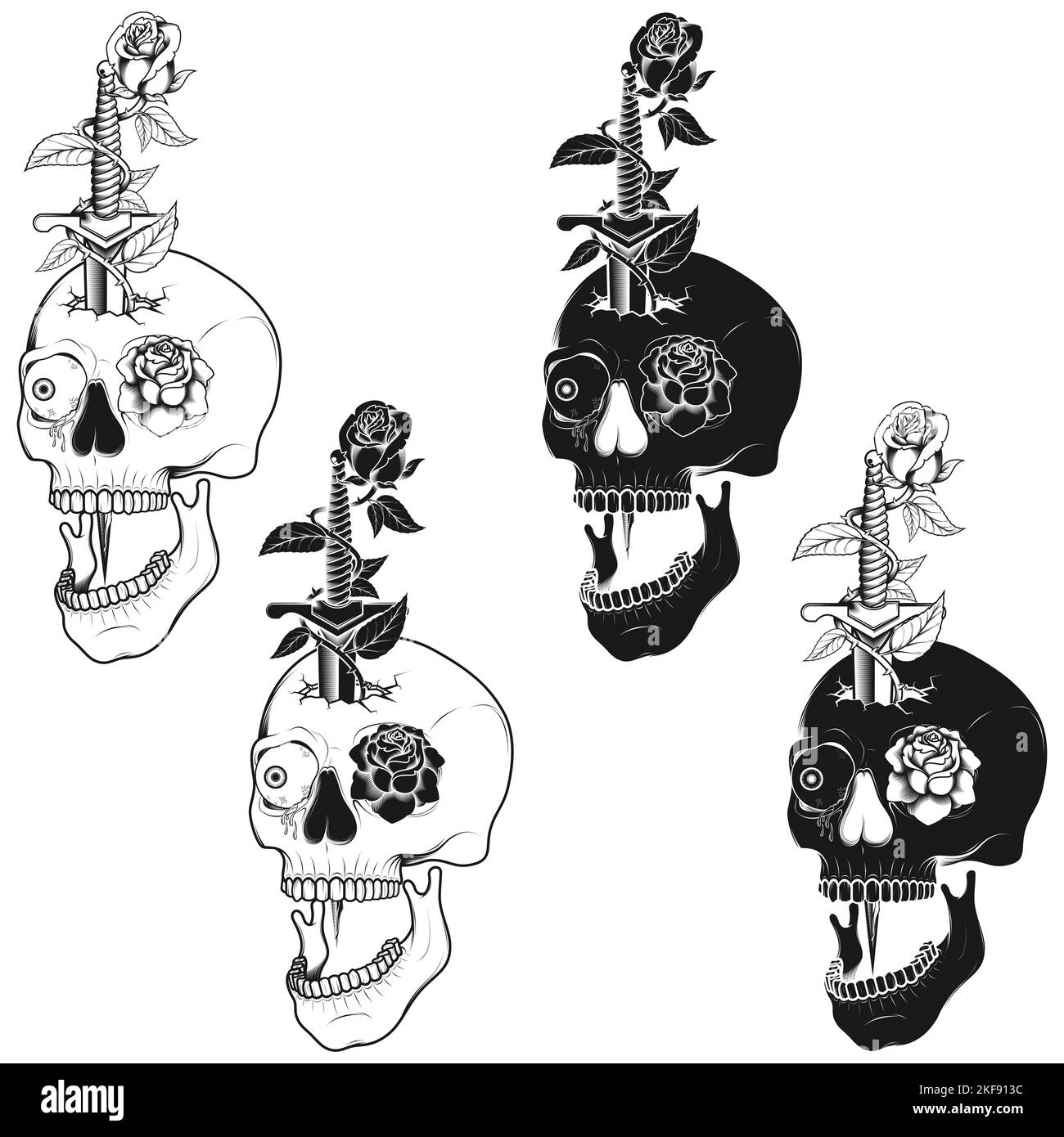 Illustration of skull dagger and roses, traditional art, grayscale Stock Vector