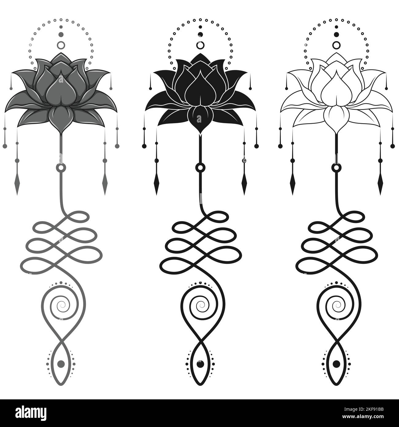 Lotus Flower Vector Design with Unalome hindu symbol, yoga and induism symbol, lotus flower motifs for tattoo Stock Vector
