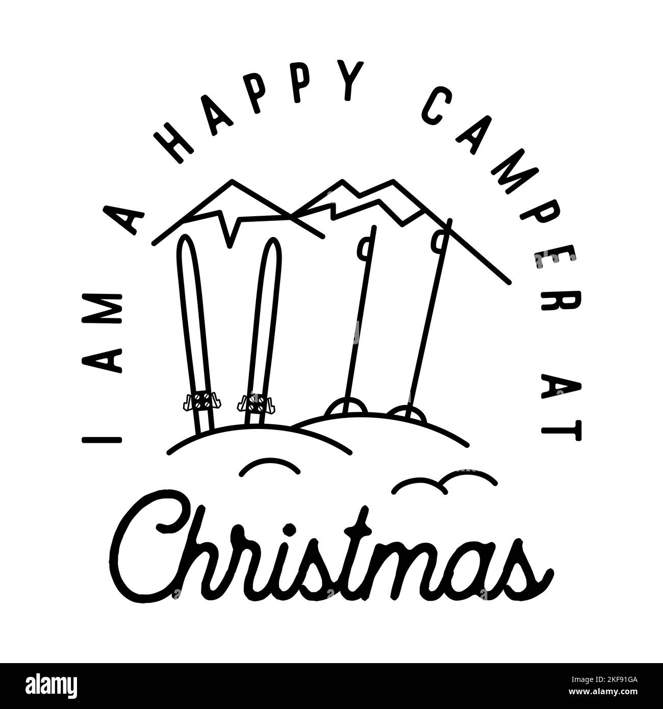 Mountain Camping christmas badge design with ski in line art style and
